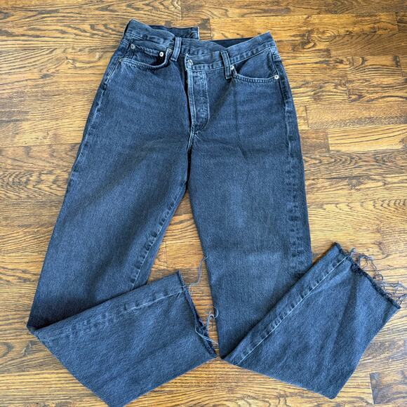 Agolde Denim - Agolde Revole Black Criss Cross Asymmetrical Straight Leg High Rise Jeans Sz 26